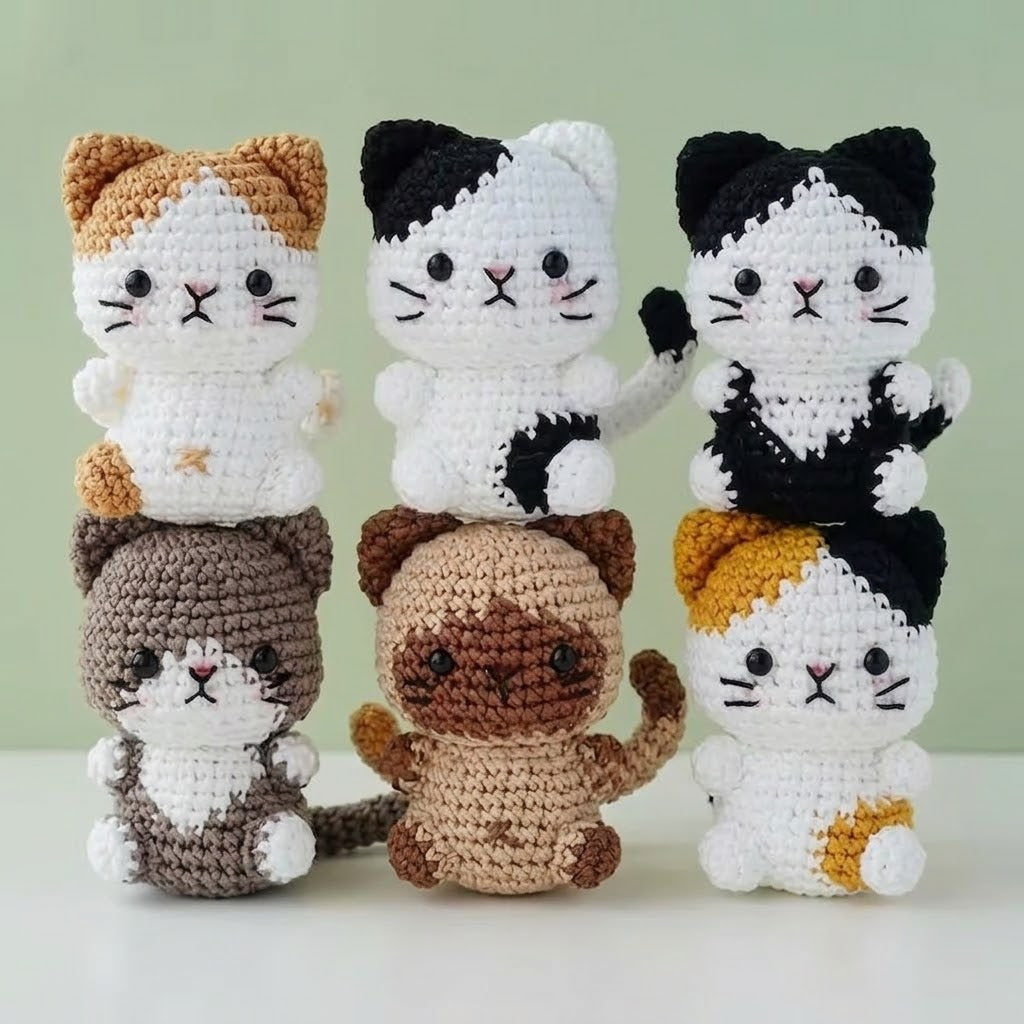 WoolyArtis Tiny Crochet Cat Plushie keychain charm, handmade amigurumi kitten with soft yarn and detailed crochet features.