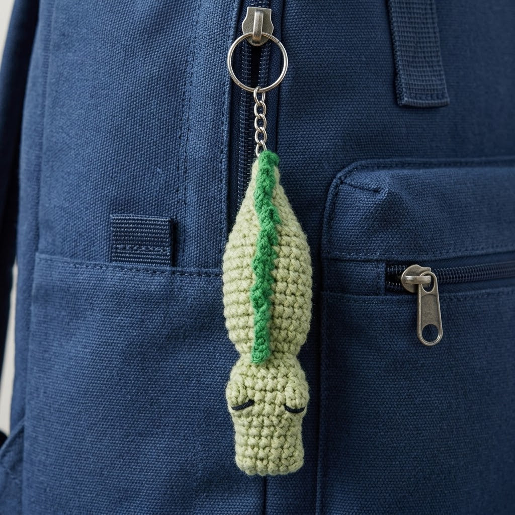 WoolyArtis crochet crocodile fidget keychain with clicking parts, plush amigurumi style, tactile sensory stress relief accessory.