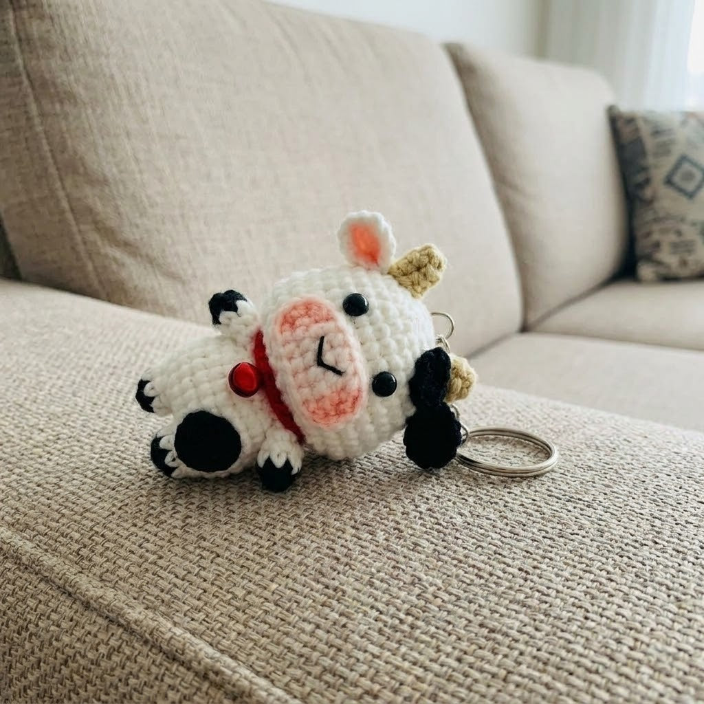 Crochet cow keychain by WoolyArtis, adorable amigurumi plush farm animal, cute kawaii cow bag charm for backpacks or purses