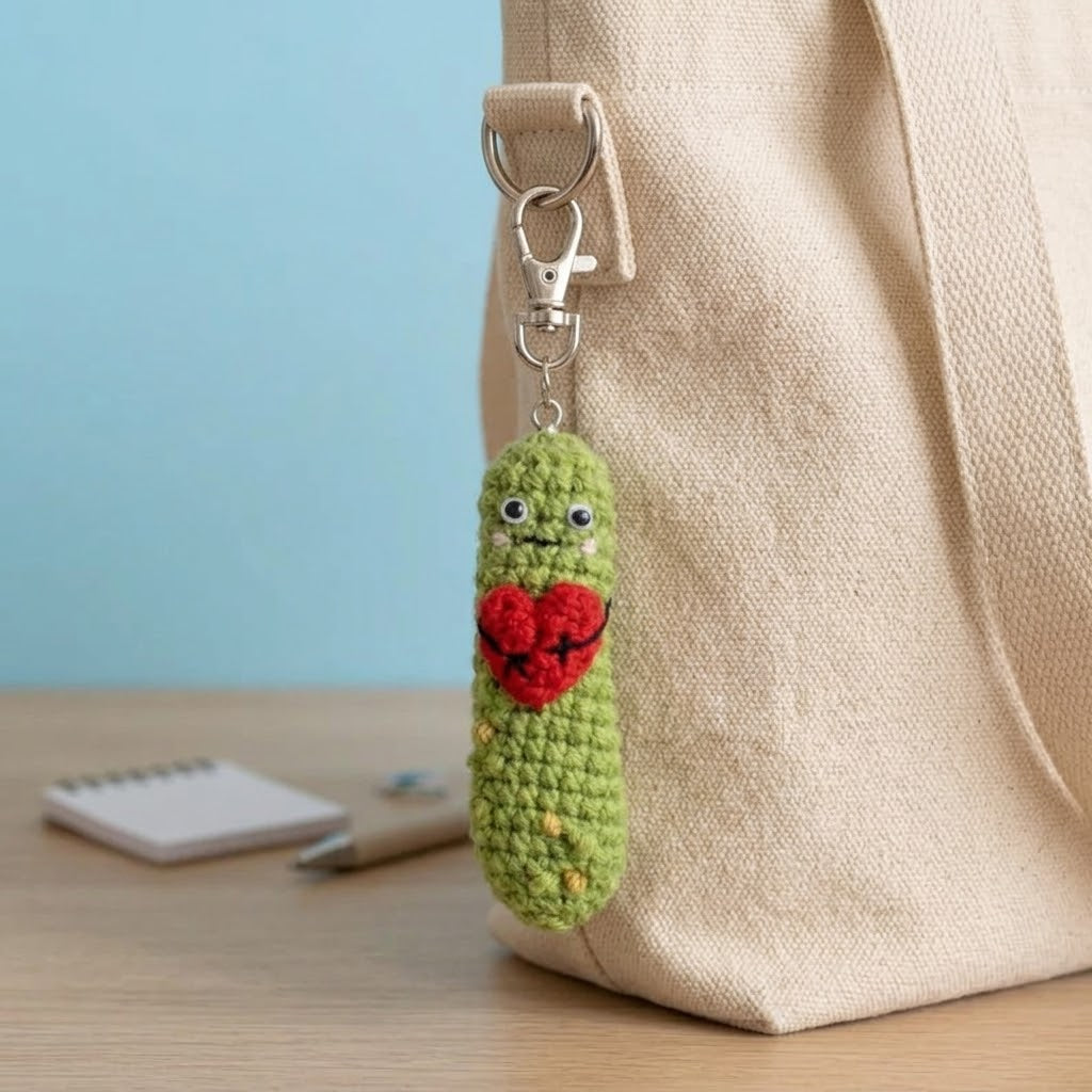 Handmade crochet sensory fidget keychain with bunny, carrot, and pickle designs featuring satisfying click-clack sounds.