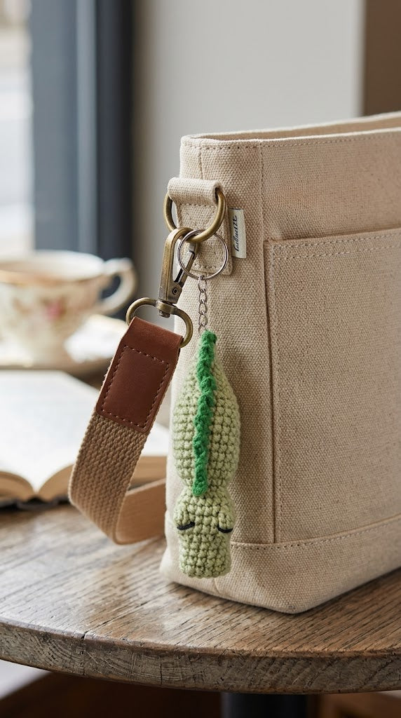 WoolyArtis Crochet Crocodile Fidget Toy keychain featuring a cute amigurumi design, tactile stress relief, and click-clack sounds.