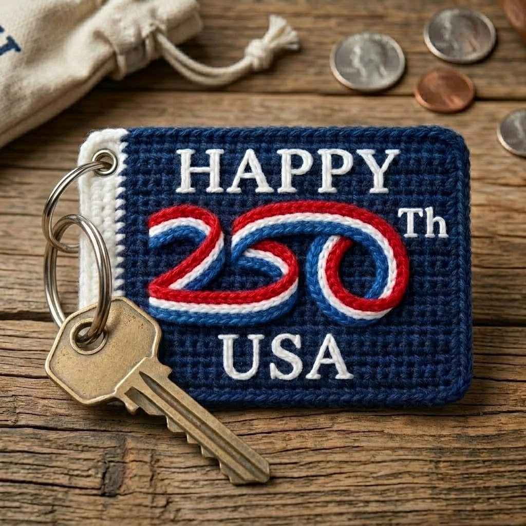 WoolyArtis USA 250th anniversary keychain with red, white, and blue crochet-style design, patriotic bag charm for 4th of July.