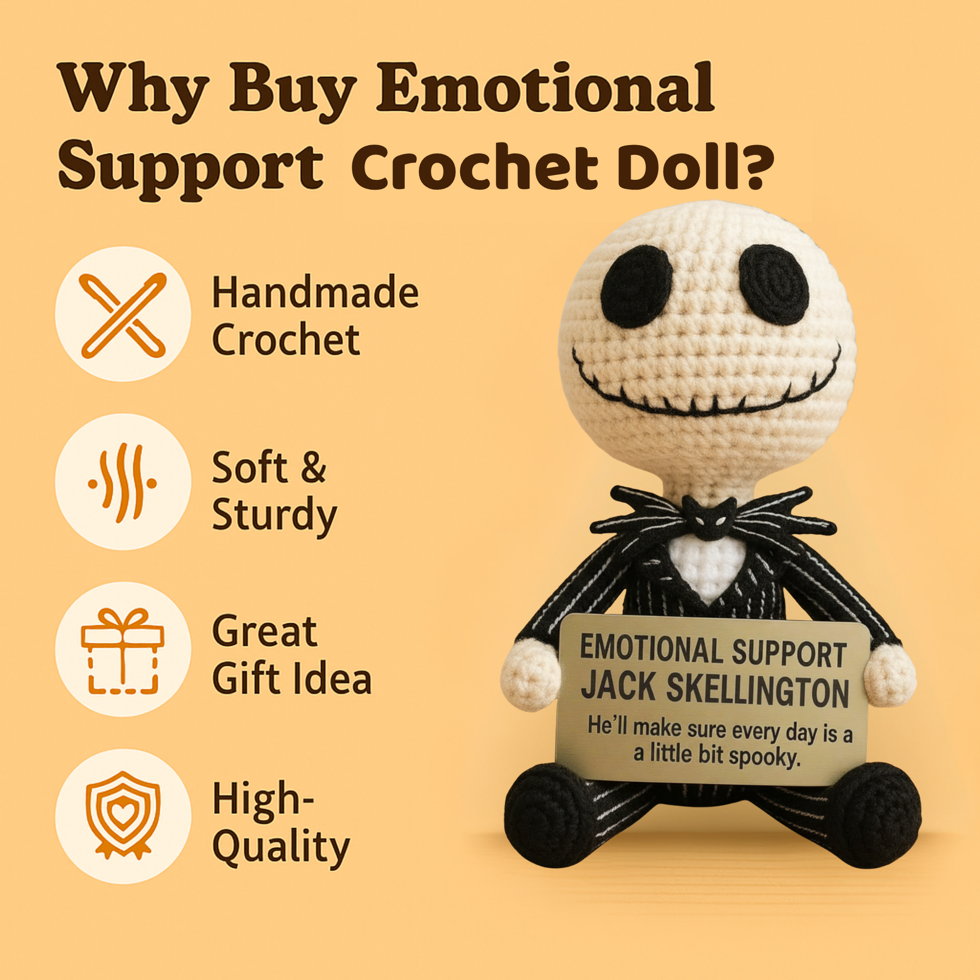 Handmade Jack Skellington crochet doll from WoolyArtis, featuring spooky details and soft plush texture for emotional support.