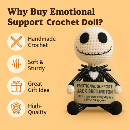 Handmade Jack Skellington crochet doll from WoolyArtis, featuring spooky details and soft plush texture for emotional support.
