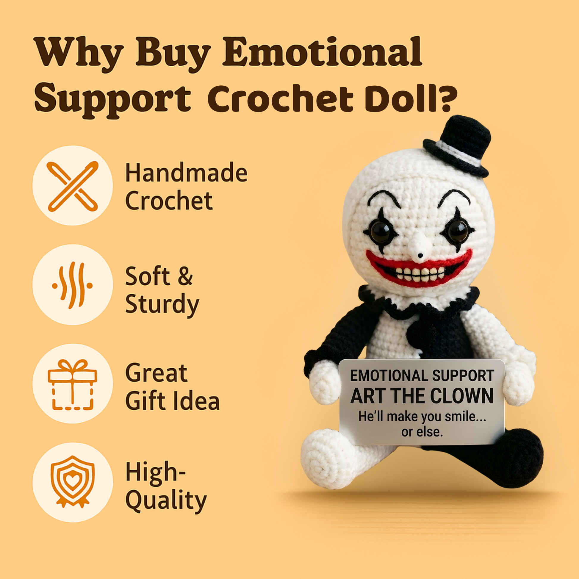 WoolyArtis™ Emotional Support Clown Crochet Doll featuring colorful yarn, cheerful clown face, and soft texture for comfort.
