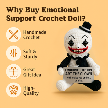 WoolyArtis™ Emotional Support Clown Crochet Doll featuring colorful yarn, cheerful clown face, and soft texture for comfort.