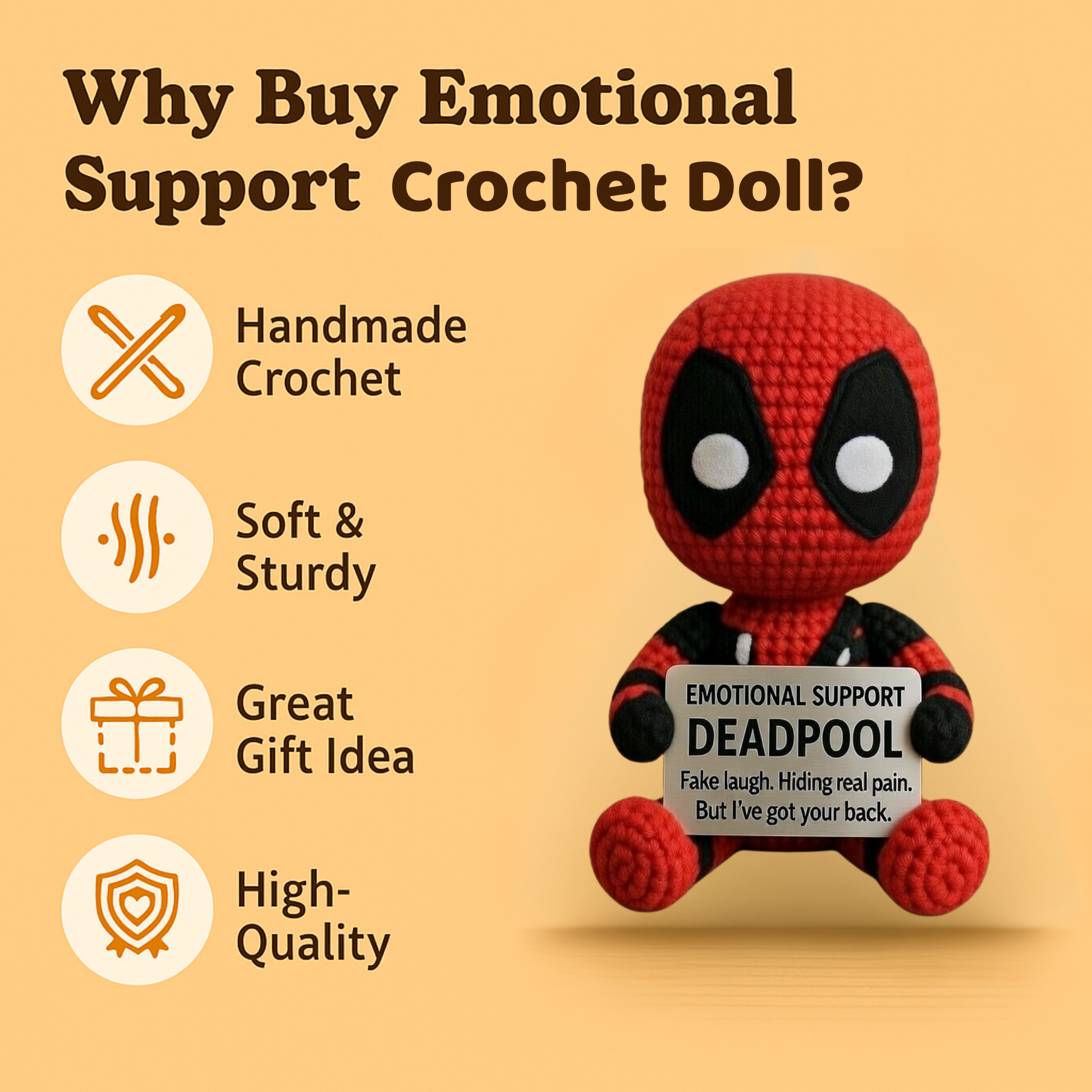 Handmade WoolyArtis WoolyArtis™ Emotional Support Deadpool plush crochet doll on a white background