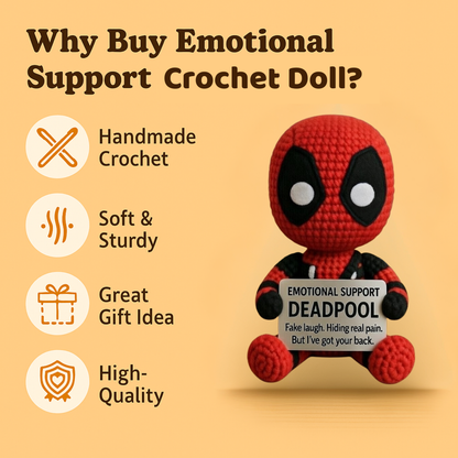 Handmade WoolyArtis WoolyArtis™ Emotional Support Deadpool plush crochet doll on a white background